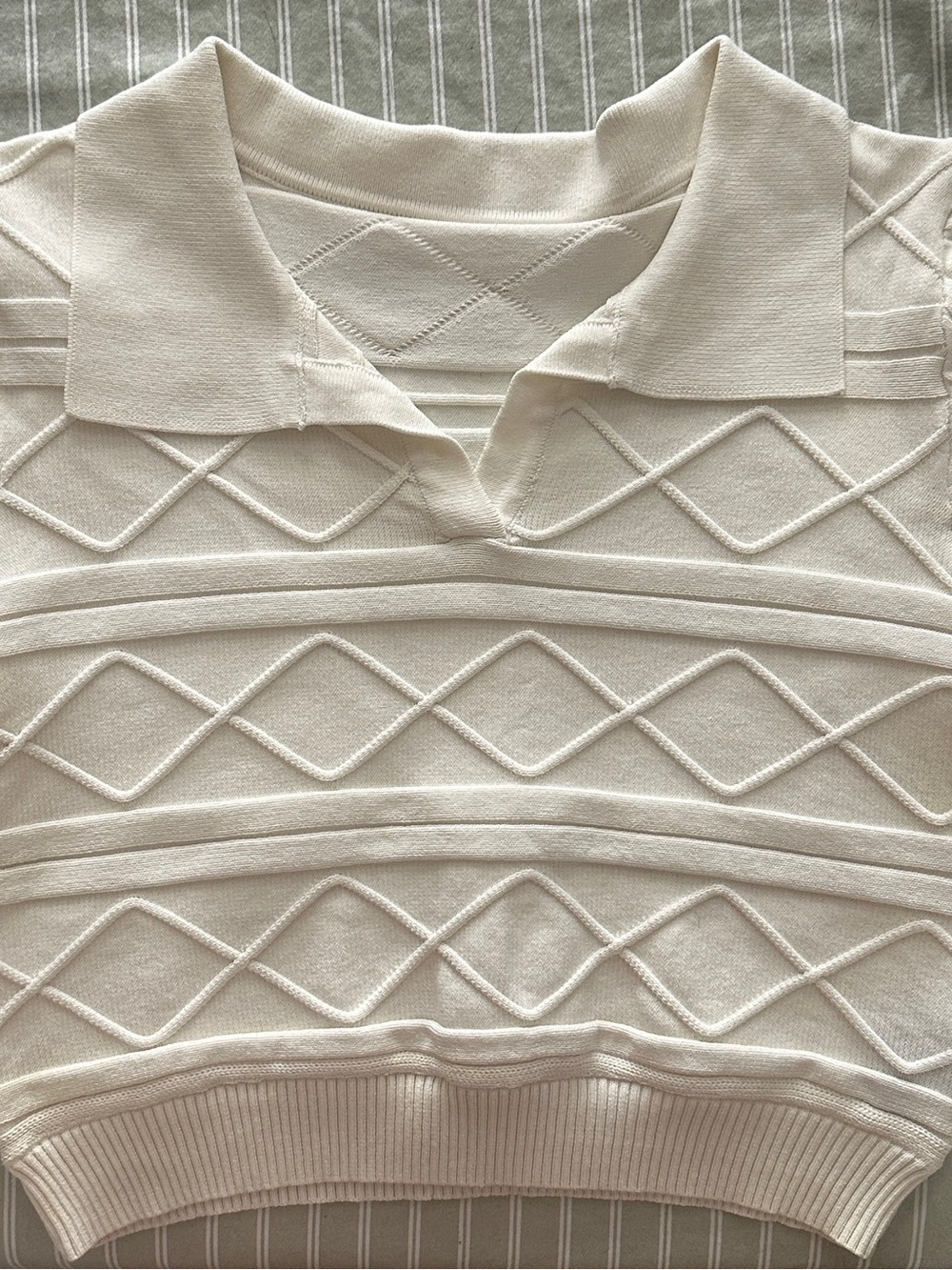 Cream Textured Knit Polo Sweater